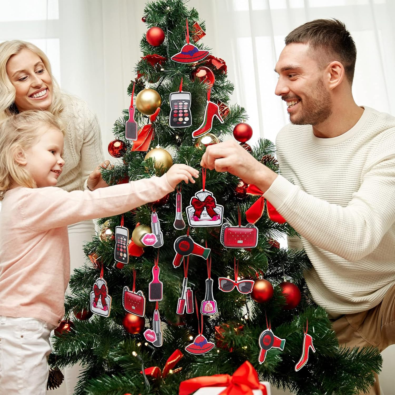 Blulu 12 Pieces Christmas Makeup Ornaments Wooden High Heels and Lipsticks Hair Salon Ornament for Christmas Tree Hanging Decor (Beauty Style) image number 5