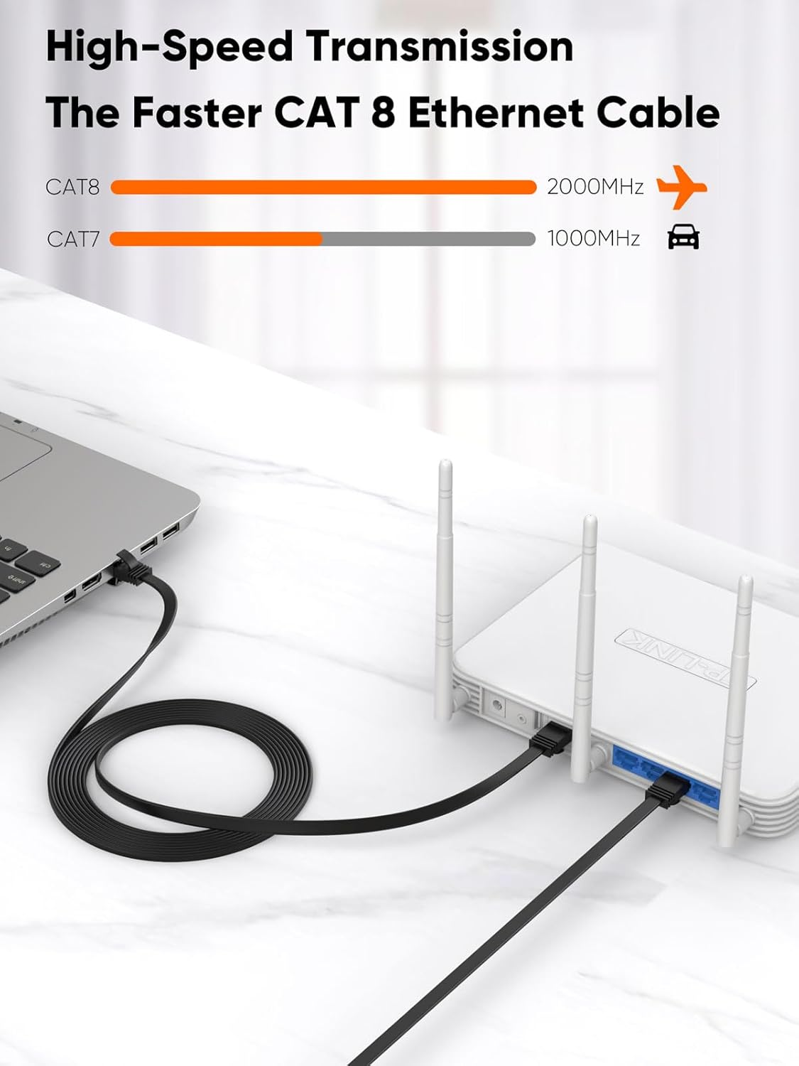 Cablecreation Flat Cat8 Ethernet Cable 16.6FT, 40Gbps 2000Mhz High Speed Slim Internet LAN Cable Cord Gigabit RJ45 Router Cable Compatible for Computer Laptop PS5 PS4, Switch Box PC, TV Box, 5M, Black image number 2