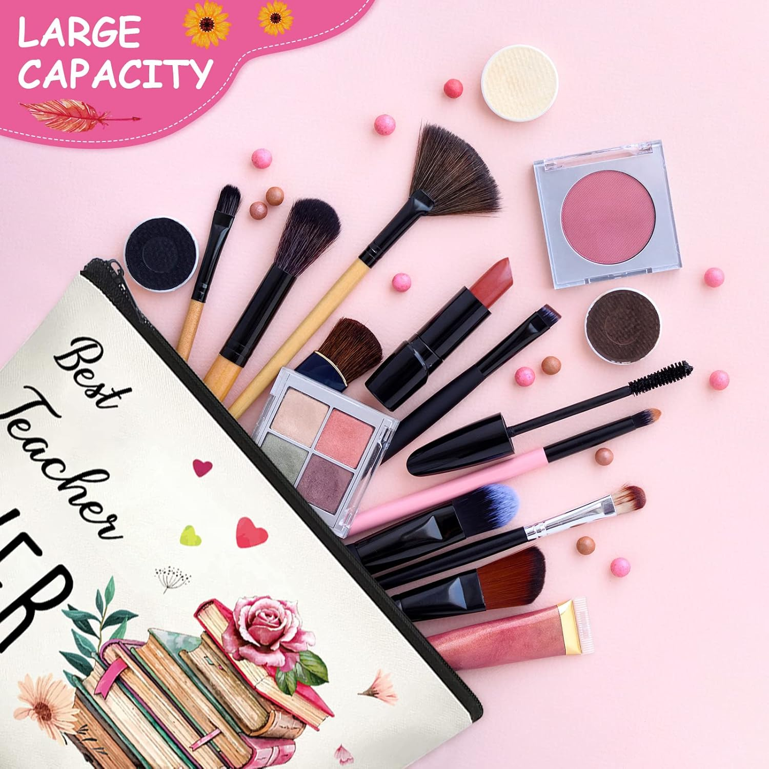 Buryeah 6 Pcs Teacher Appreciation Gifts Teacher Canvas Cosmetic Makeup Bags Toiletry Bag with Zipper for Travel Holiday Bulk(Retro) image number 2