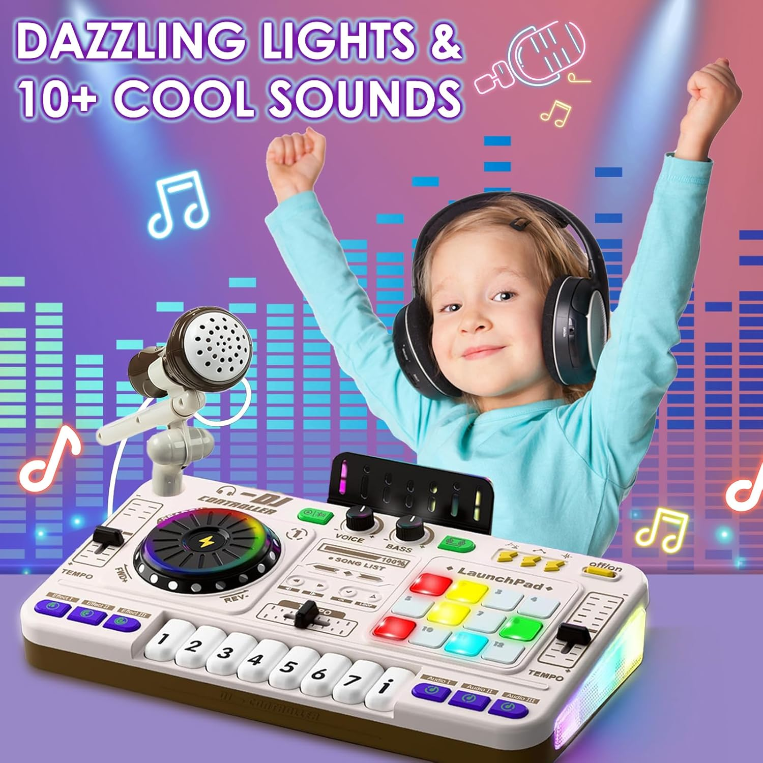 DJ Toy Set for Kids, Toddler Musical DJ Mixer Toys with Lights Sounds & Bluetooth-Enabled, Multi-Functional Musical Instrument, Best Gift for Ages 4+ (White) image number 5