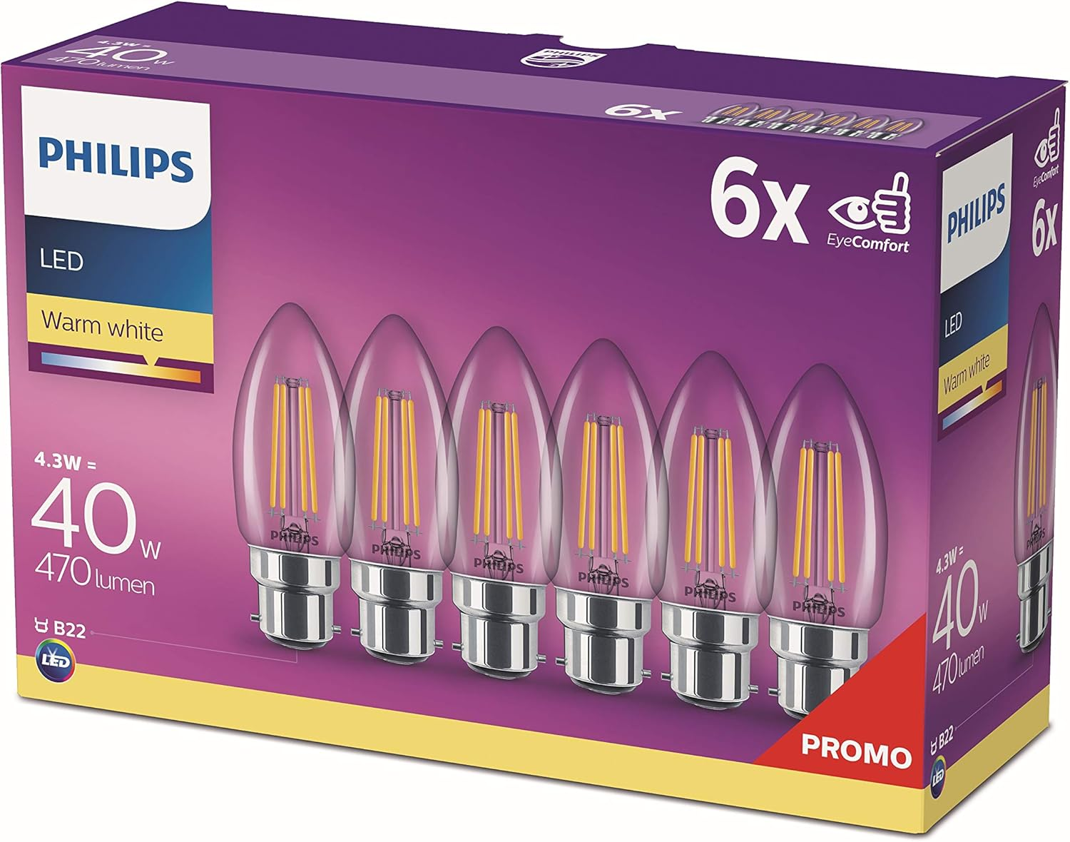 Philips LED Premium Classic Clear Glass Candle Filament Light Bulb [B22 Bayonet Cap] Warm White 2700K, 4W Indoor Home Lighting, Pack of 6 image number 2