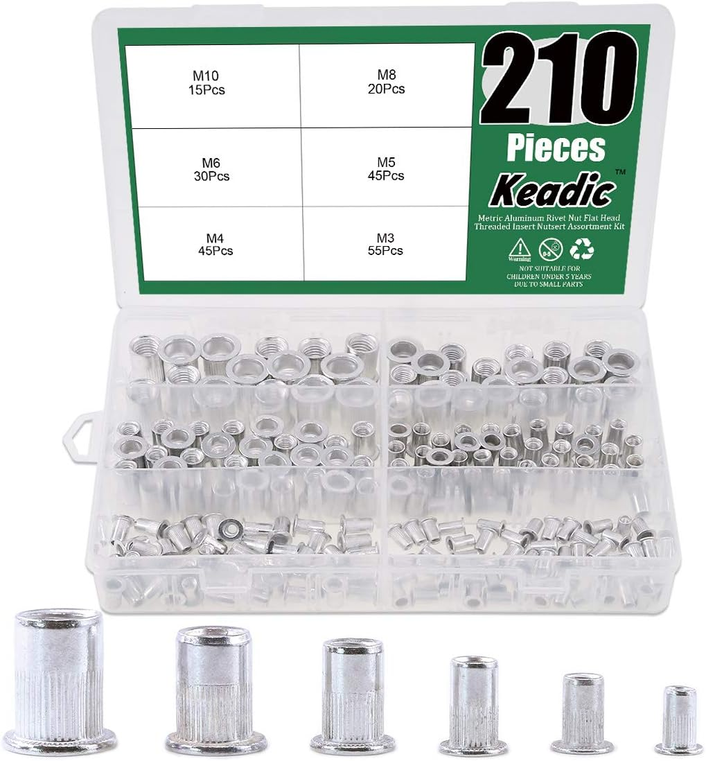 Keadic 210Pcs Metric Aluminum Rivet Nut Flat Head Threaded Insert Nutsert Assortment Kit - M3 M4 M5 M6 M8 M10 image number 6