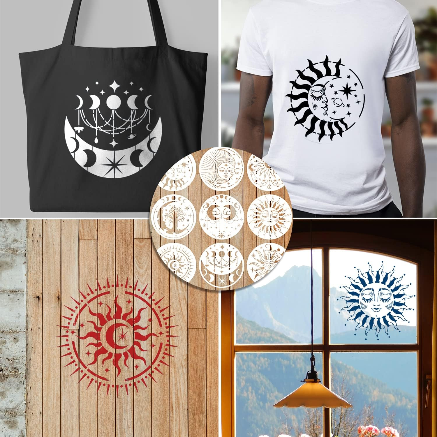 9Pcs Mandala Sun and Moon Stencil, Star Sun and Moon Stencils Reusable Mandala Sun Stencils Decoration Moon Template for Painting Crafts Wood Wall Furniture Home Decor image number 3
