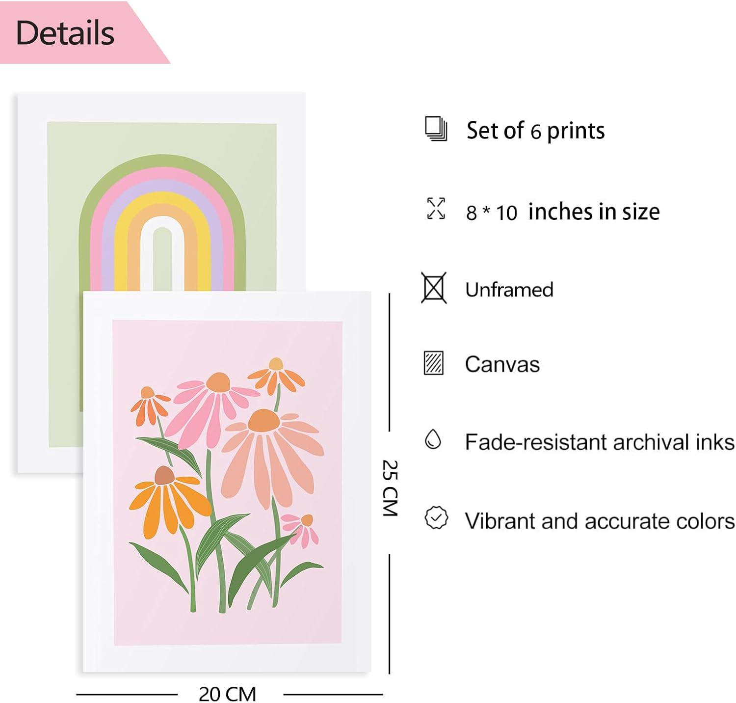 ZIENVE Pink Danish Pastel Poster Set &ndash; 6 Aesthetic Botanical & Flower Market Wall Art Prints for Girls&rsquo; Dorm & Bedroom Decor &ndash; Unframed 20X25Cm image number 2