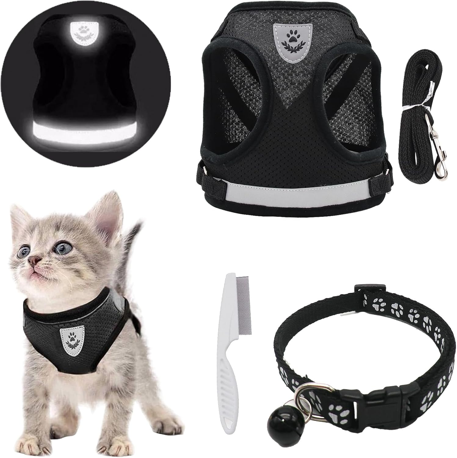 DKDDSSS Cat Harness with Lead Set, Cat Harness, Escape Proof, Adjustable, Cat Vest with Reflective Stripes with Cat Collar, for Kitten Dogs (S, Black) image number 6