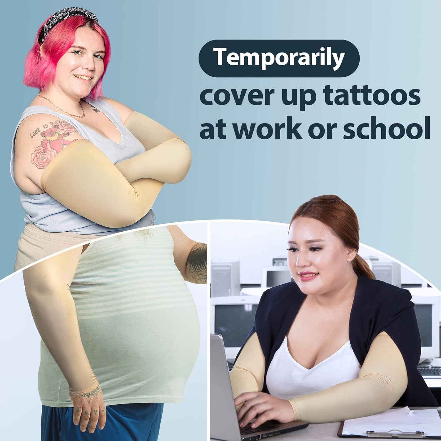 4 Pair plus Size Arm Sleeves UV Protection Sun Sleeves Arm Compression Sleeve Oversized Tattoo Sleeve Covers for Women Men - Nude image number 4