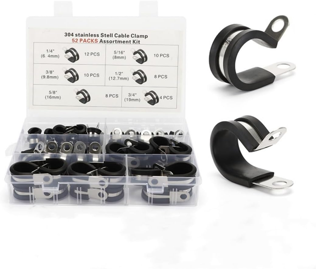 52Pcs Cable Clamps Assortment Kit,304 Stainless Steel Cable Clamp Kit - Assorted Sizes 1/4", 5/16", 3/8",1/2",5/8",3/4",Stainless Steel Rubber Cushion Pipe Clamps image number 5