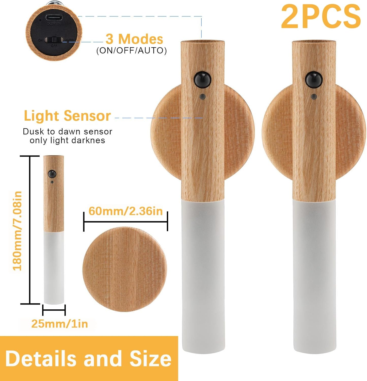 BLAZDEVE Wooden Wall Light with Motion Sensor Indoor, USB Rechargeable Indoor Wall Lamp Cabinet Lights, Warm White Wireless Battery LED Wall Light with Switch for Bedroom Stair Hallway image number 5