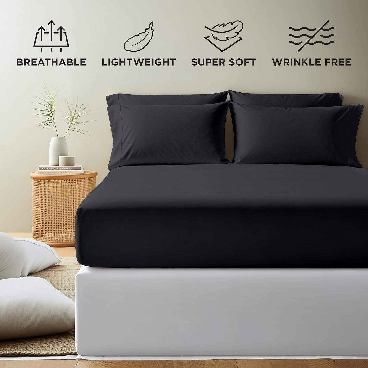 Royale Linens Fitted Sheet Queen - Brushed Hotel Quality 1800 Ultra-Soft Wrinkle & Fade Resistant - Bottom Sheet - Deep Pocket Stretches up to 16" - Fitted Sheet Only - Elastic Sheet (Queen, Black) image number 6