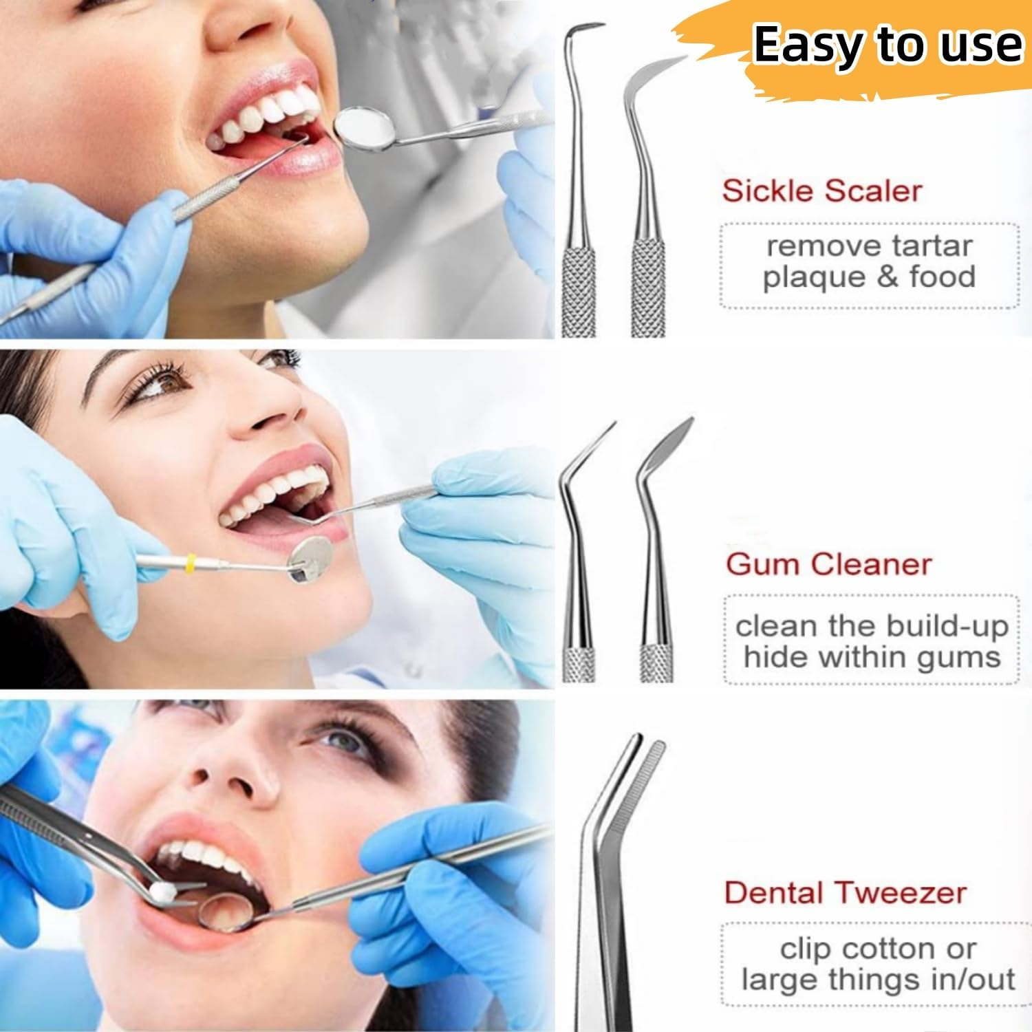 Dental Tools, Professional Teeth Cleaning Tools Dental Hygiene Tools Kit Stainless Steel Plaque Remover Tartar Scraper(Pack of 6) image number 1