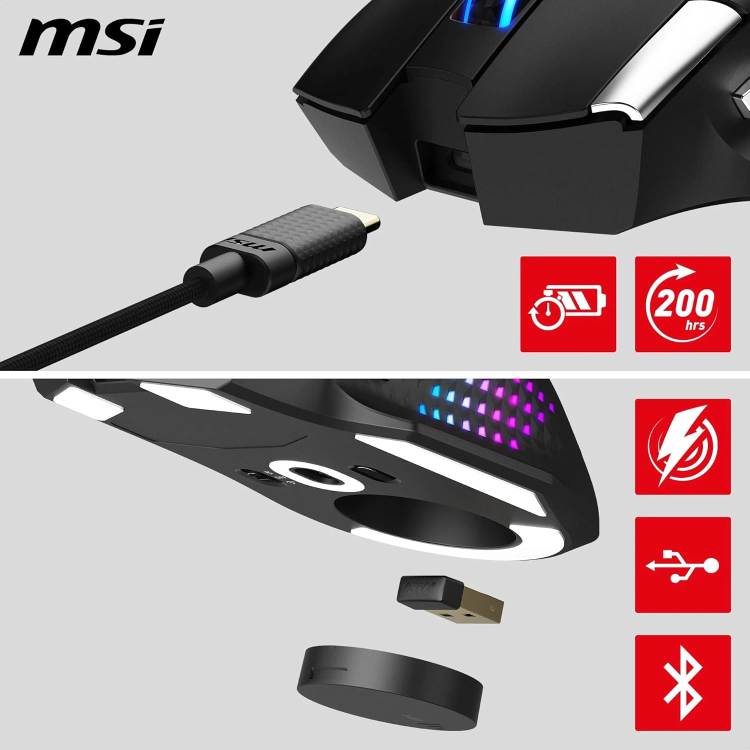 MSI Versa PRO Wireless + Mouse Dock PRO Gaming Mouse - Charging Dock, 26000 DPI Optical Sensor, Right Handed Use, 70 Million Clicks, 80 Hours Battery Life, 97 G - Wired/Wireless image number 5