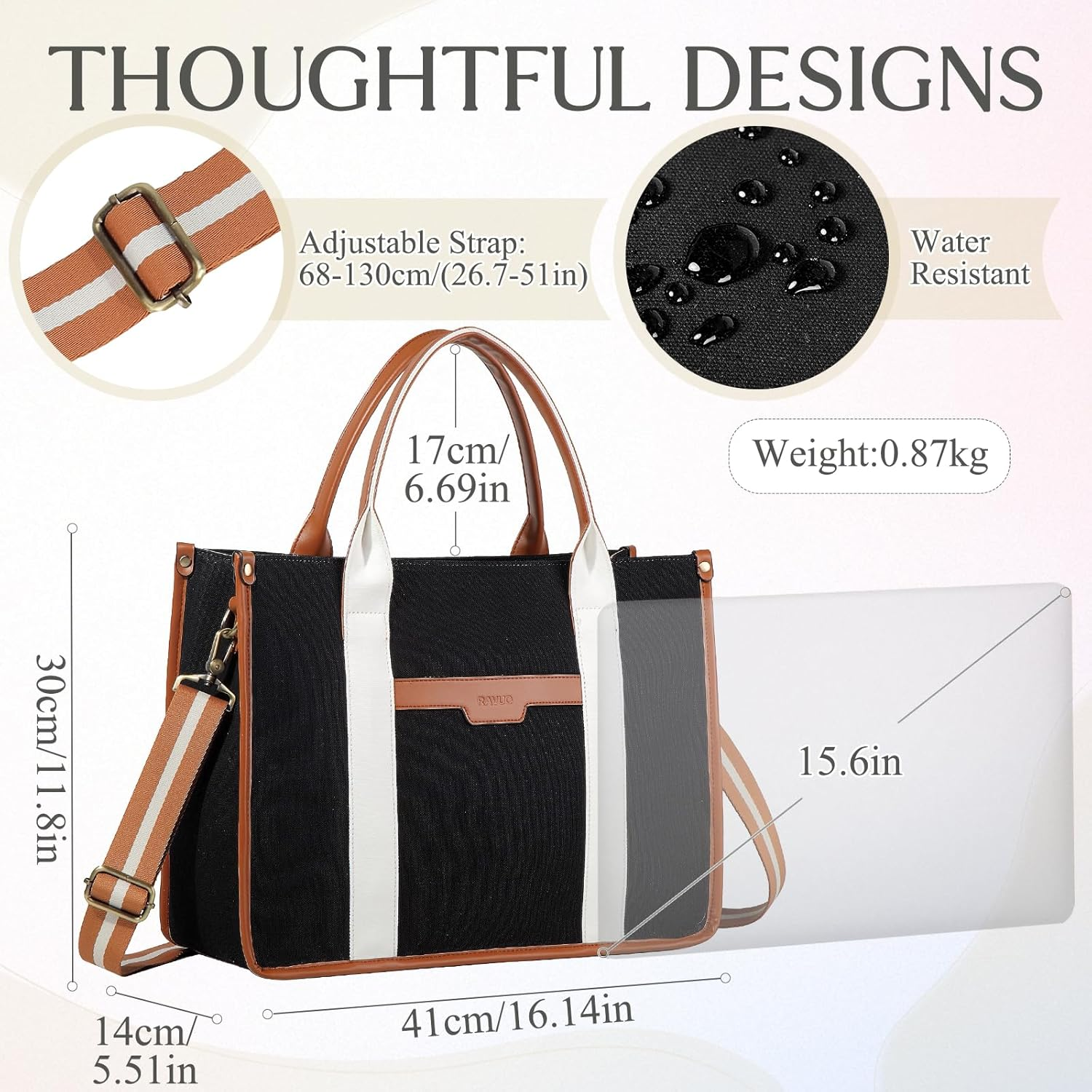 Laptop Tote Women,Ravuo 15.6Inch Ladies Canvas Computer Teacher Handbag Business Briefcase for Colleage W Detachable Shoulder Strap - White image number 7