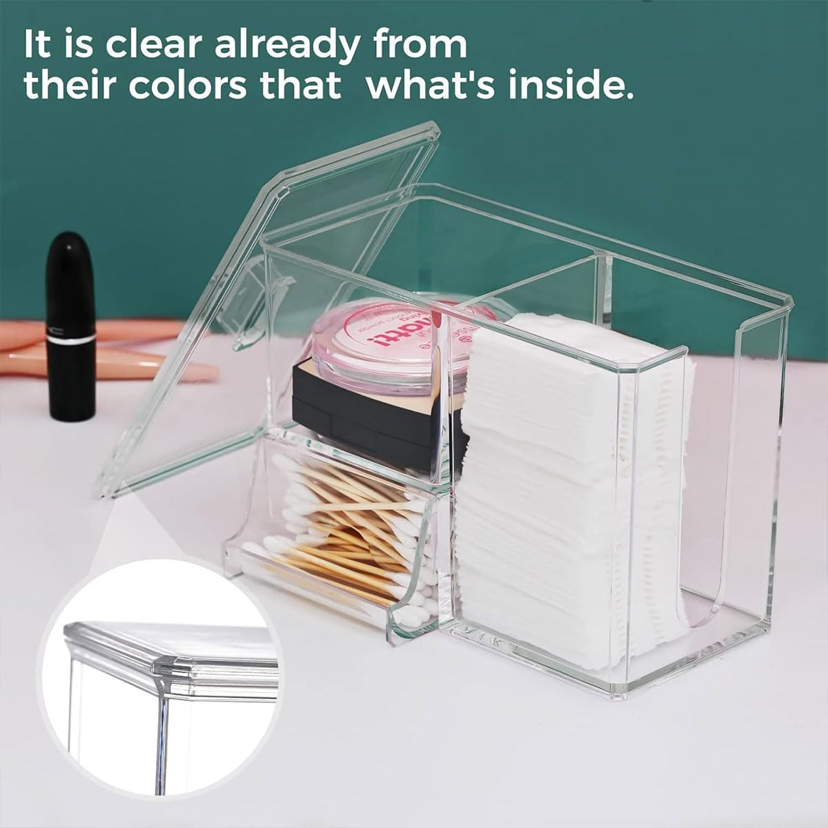 AIMALL Transparent Plastic Makeup Organizer Cotton Swab Box with U-Shaped Access, 7 in X 4.3 in X 5.6 in Waterproof Dust-Proof Desktop Storage Container