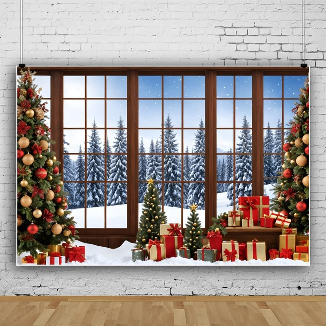 7&times;5Ft Winter Christmas Window Backdrop for Photography Merry Xmas Pine Tree Indoor Background Snow Holiday Photobooth New Year Party Decorations Photo Studio Props Supplies image number 5