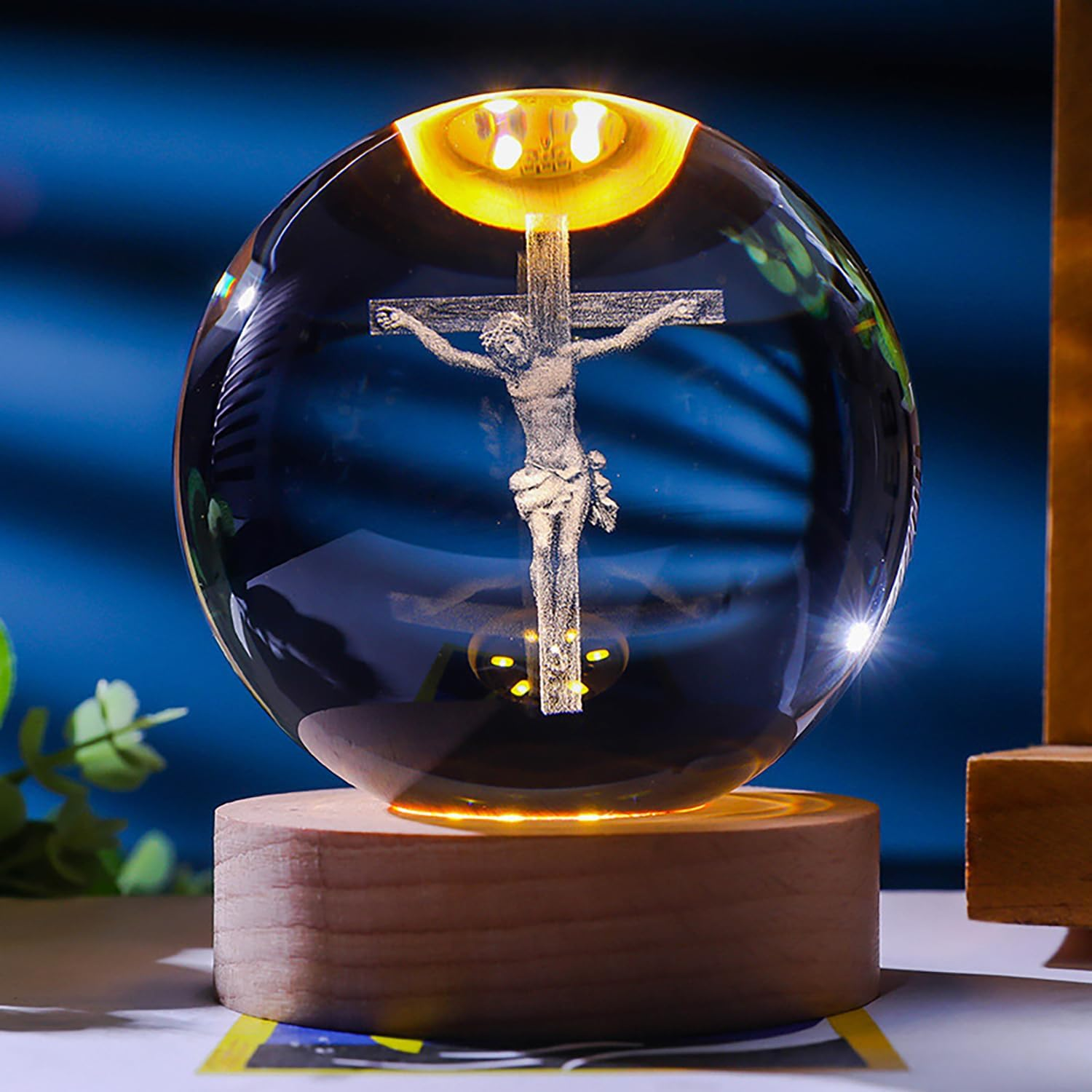 3D Crystal Ball Cross Night Light Desk Table Lamps, with Glowing Base, Laser Engraved Praying in Hand Crucifix Easter Decoration Christian Catholic Religious Gifts (Jesus Cross)