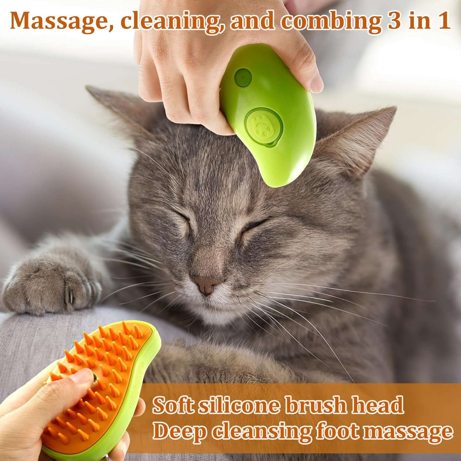 Spray Cat Brush, 3-In-1 Cat Steam Brush with Water Tank Steam Cat Brush, USB Rechargeable Cat Steam Brush High Efficiency Cat Steamer Brush for Removing Pet Tangled Loose Fur ... (Green) image number 6