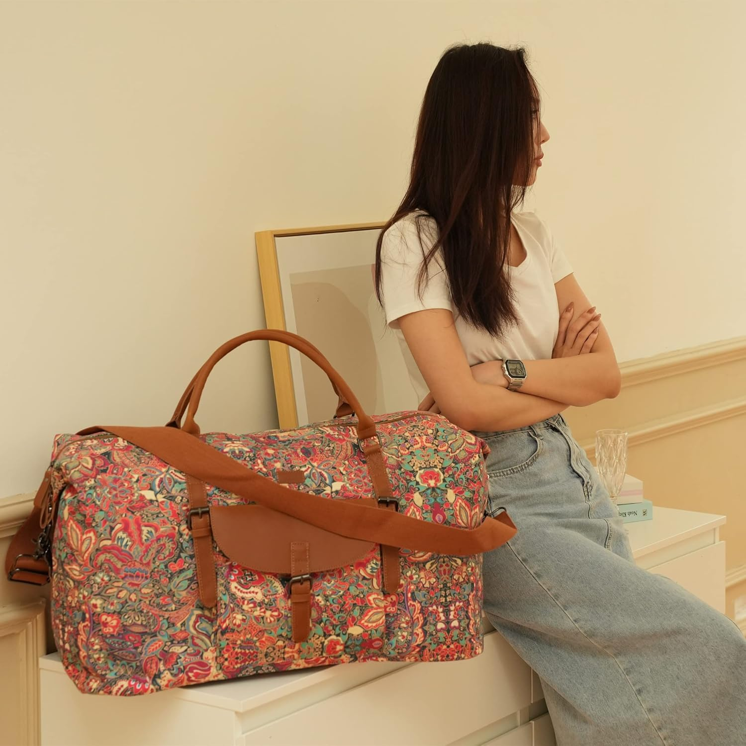 Oversized Pretty Women'S Travel Duffel Bag 52L Weekend Bag Weekender Overnight Carry on Luggage HB-15, HS image number 6