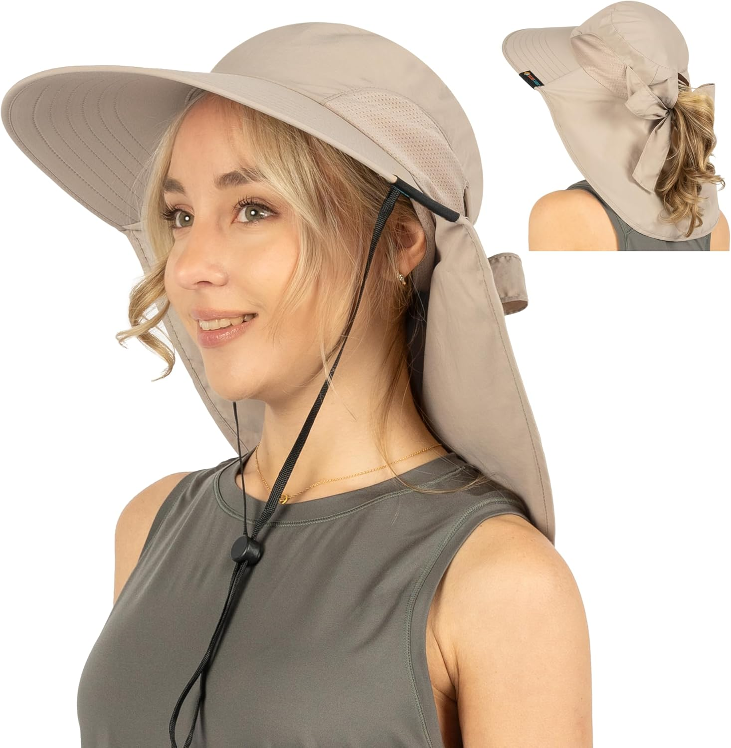 SUN CUBE Wide Brim Sun Hat with Neck Flap, UPF50+ Hiking Safari Fishing Hat for Men Women, Sun Protection Beach Hat, Tan with Bow, One Size image number 5