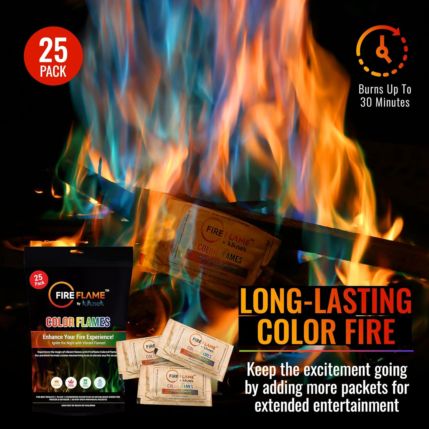 Fireflame Fire Color Changing Packets - Magic Color Fire Flames - 25 Pack of Fire Color Packets - for Outdoor Fire Pit, Fireplace, Bonfire, Campfire, Camping Accessories Colored Fire for Kids & Adults image number 2