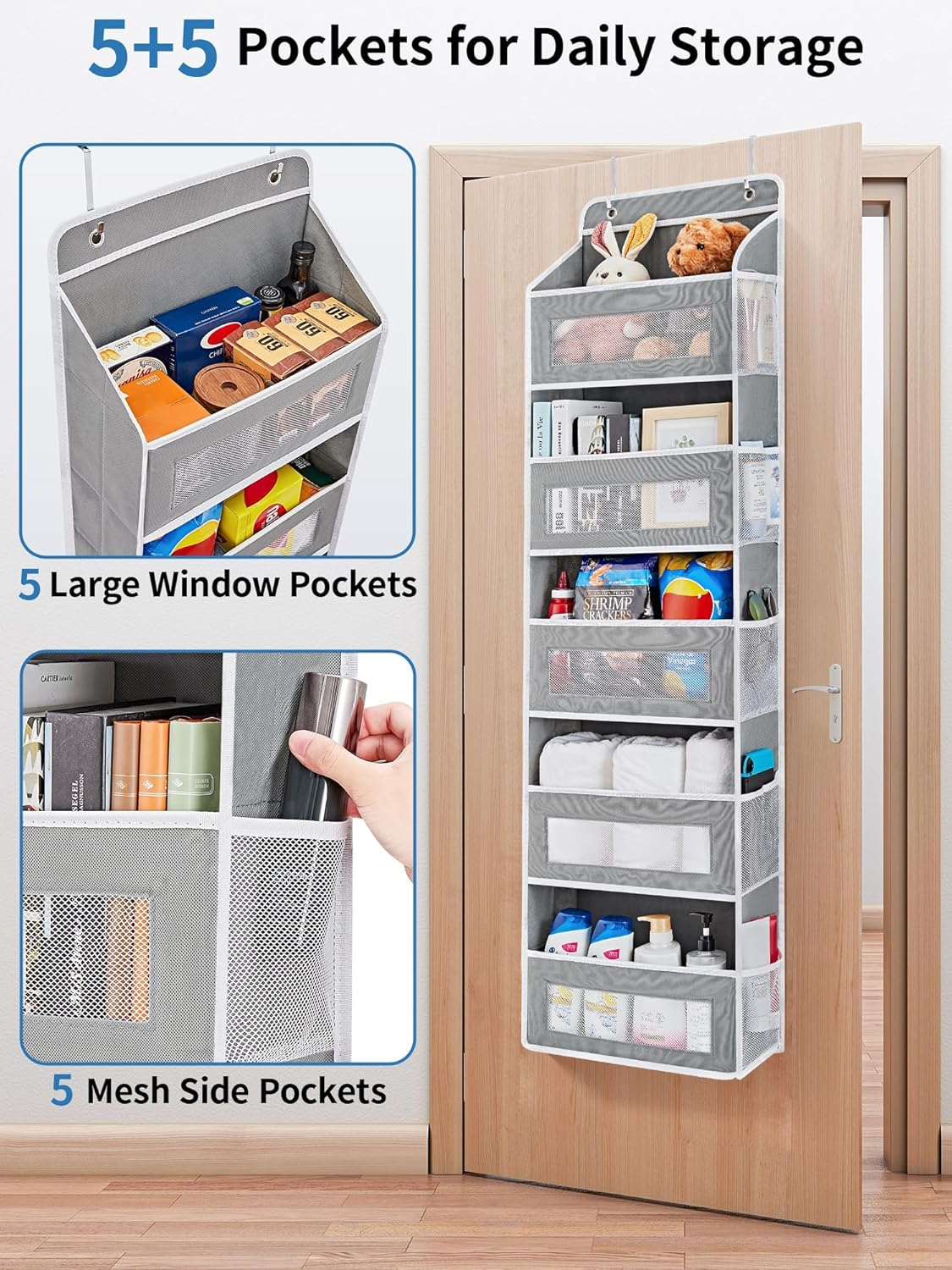 Over the Door Organizer Storage, 5 Shelf Hanging Door Organizer with 5 Large Capacity Pockets, anti Tilt 44 Lb Load behind Door Organizer for Bedroom, Bathroom, Pantry, Nursery (Grey) image number 4