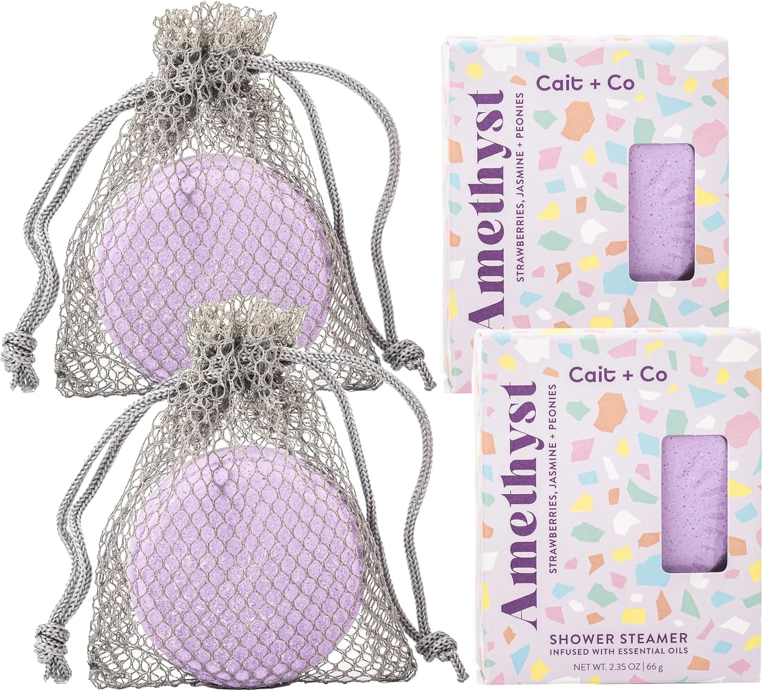 Cait + Co Aromatherapy Essential Oil Infused Shower Steamer with Mesh Bag, Strawberry and Jasmine Scent, Amethyst - Pack of 2