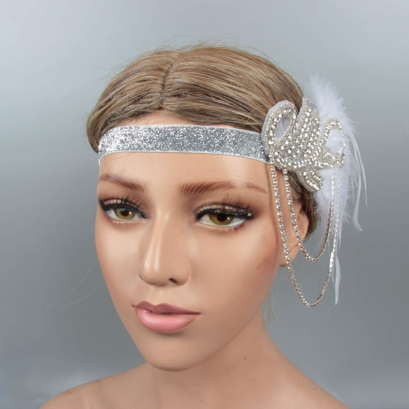 Aoozleny 1920S Feather Headwear, Musical Note Diamond Chain Headpiece, Roaring 20S Great Gatsby Headpiece Hair Accessories for Women (White)