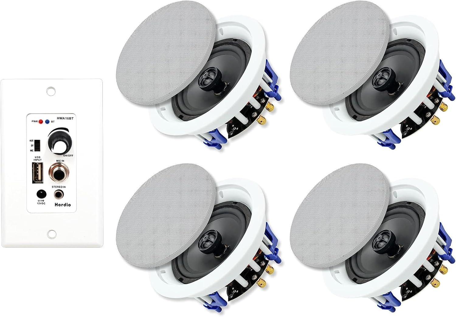 Herdio 5.25 Inch Ceiling Speakers 600W 2-Way Flush Mount with Bluetooth Wall Mount Amplifier Receiver Perfect for Home Theater Bathroom Living Room Kitchen Office(4 Speakers) image number 1