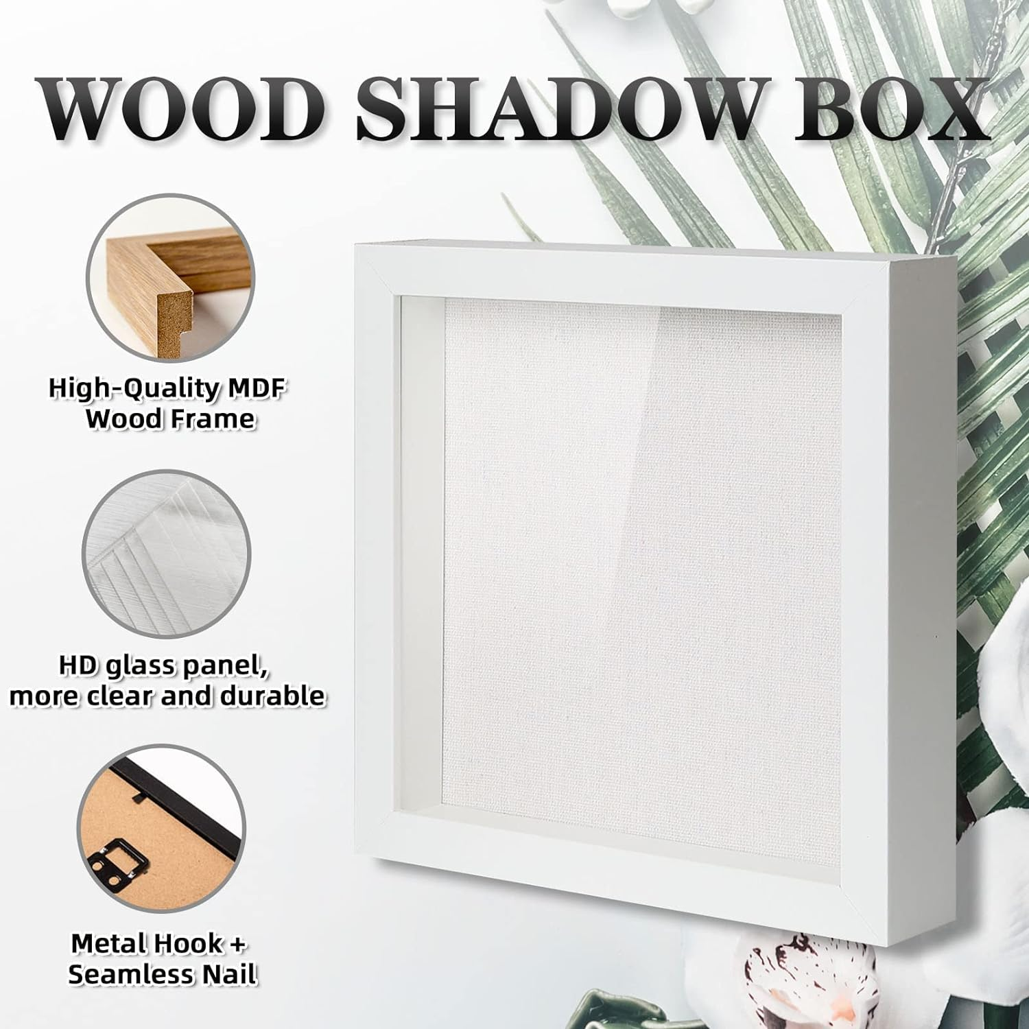 DEMAIKE Shadow Box Picture Frame Real Glass Display Case Deep Wood Photo Frame with Linen Backboard for Tickets,Memeory,Pictures,3Pcs 8X8 Inch White image number 2