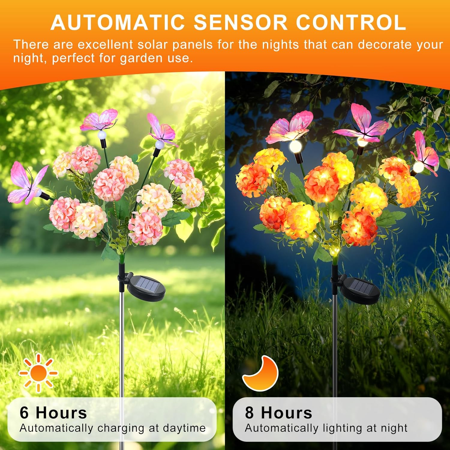 Qoosea Solar Lights for Outdoor Garden, Pack of 2, Hydrangea Solar Lamp with Swaying Butterfly, LED Solar Flower Lamp, IP65 Waterproof, Garden Lights Decoration for Garden, Fences, Wedding Party