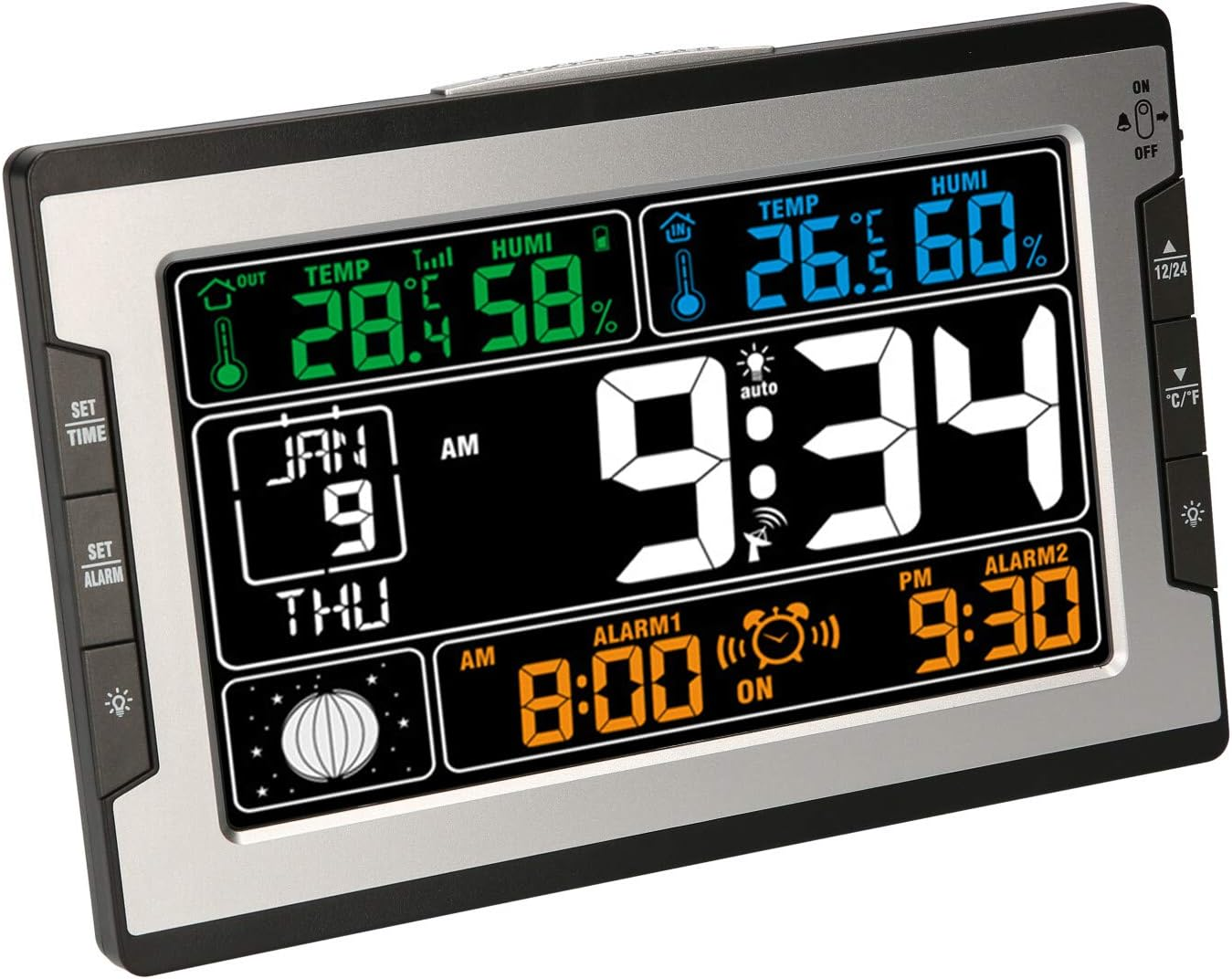 Indoor Temperature Humidity Digital Multifunctional Clock Thermo-Hygrometer with Large Color Display Backlight Perpetual Calendar Phase Alarm RF Function Table Wall Mount image number 6