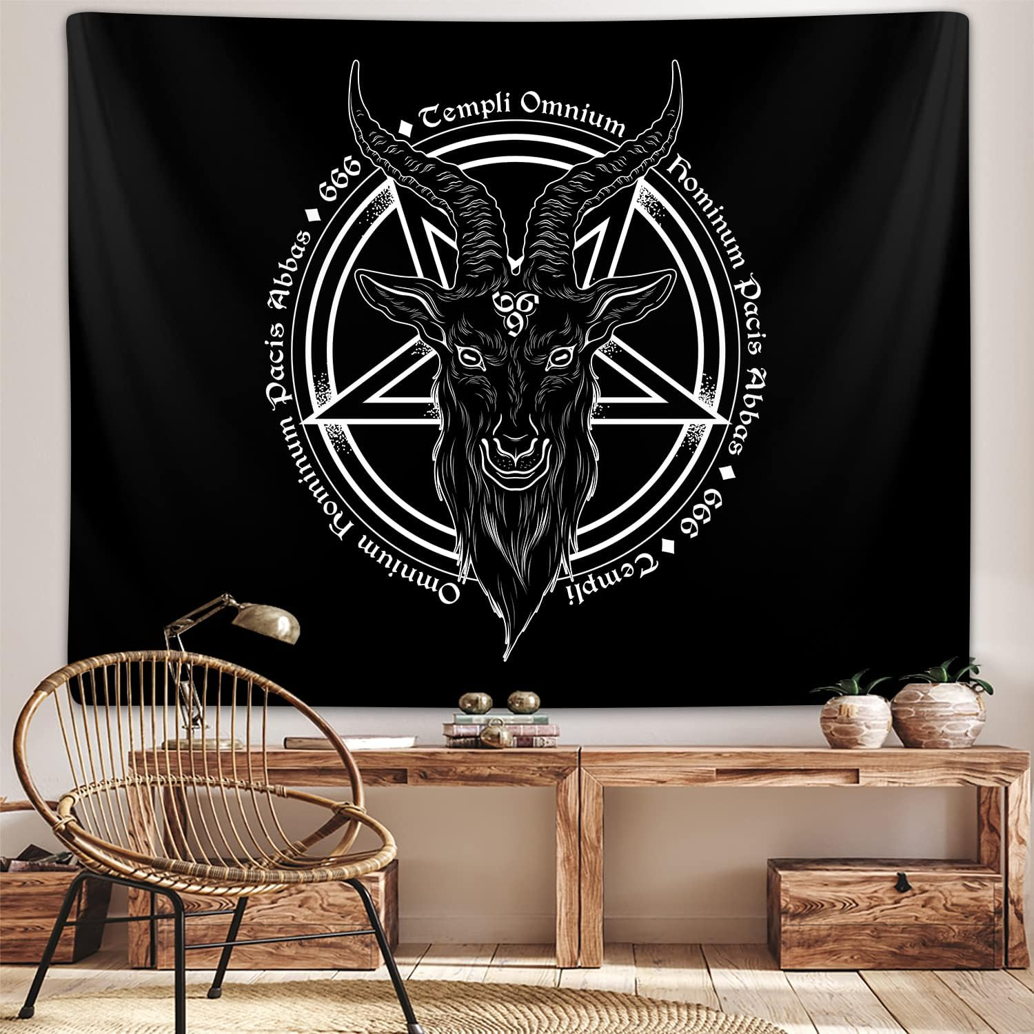 Satanic Pentagram Tapestry for Bedroom, Baphomet Statue Art Goat Head Skull Pagan Tapestries Wall Hanging for College Dorm Living Room Men Decor 60"X40", Black and White Gothic Demon Poster image number 5