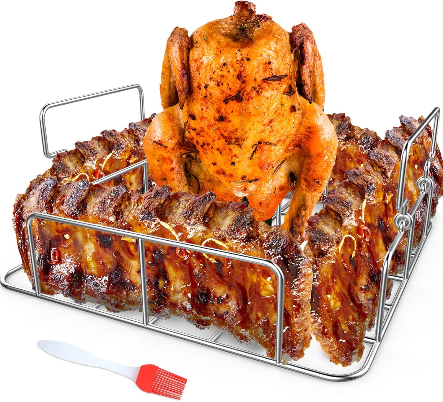 Durable Stainless Steel Rib Rack with a Silicone Oil Brush, BBQ Stand with 2 Handle for Smoker,Oven and Grill, Cook up to 5 Ribs at a Time