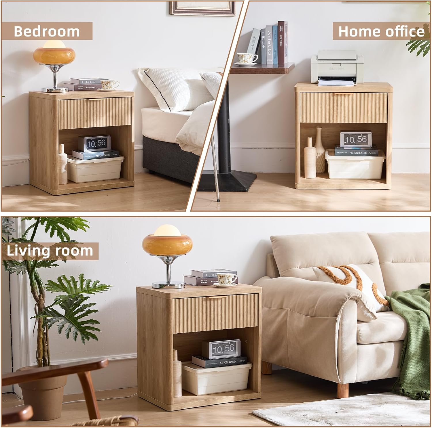 LELELINKY 58 X 39 Cm Fluted Bedside Table with 1 Drawer,Farmhouse Natural Bed Side Tables Storage Chest of Drawers with Open Shelf,Wood Nightstand Cabinet with Metal Handles for Bedroom,Living Room image number 4