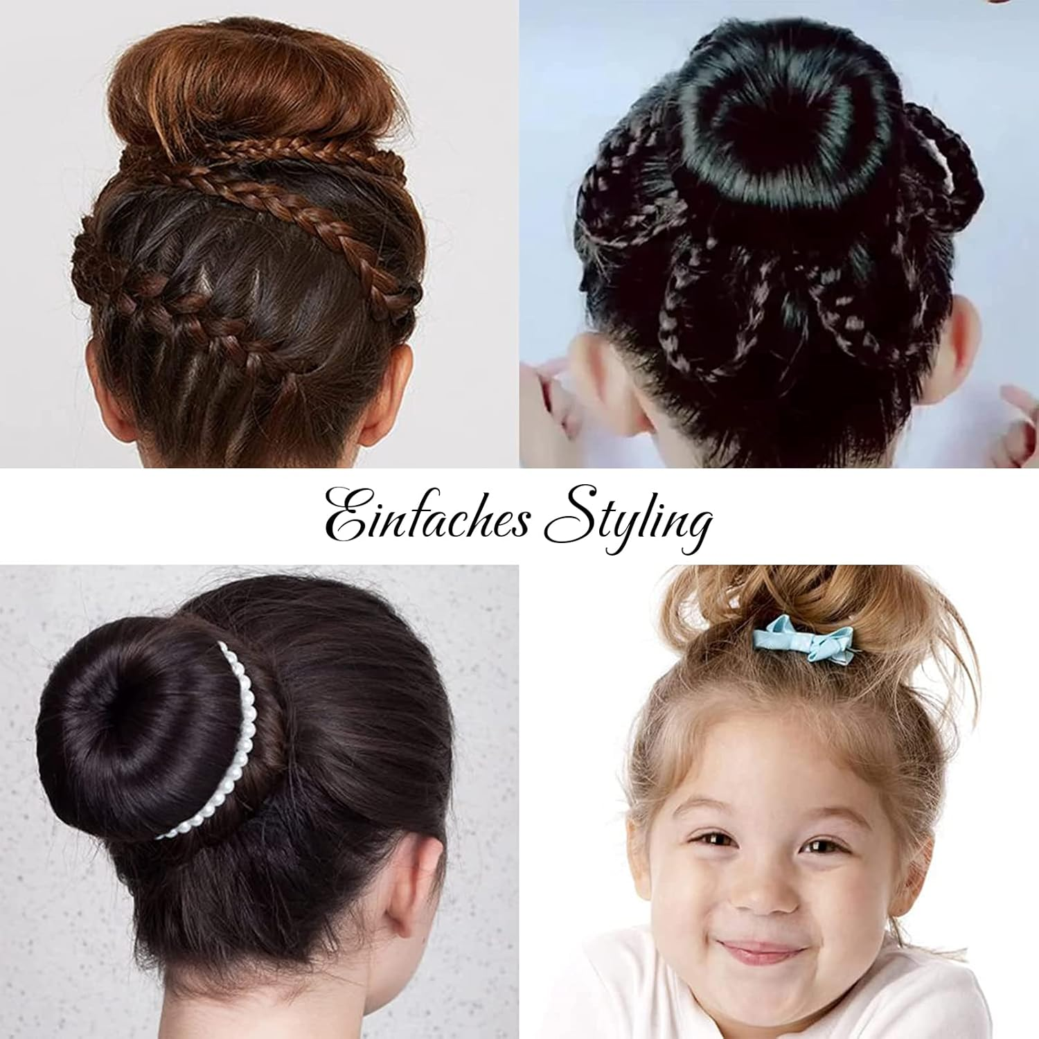 Pack of 6 Bun Cushions, Doughnut Hair Bun Maker Set with 10 Elastic Hair Bands and 10 U-Shaped Hair Pins, VEGCOO Bun Pillow Small and Large Nylon Hair Donut Brown Bun Aid for Children Women Girls (White) - White image number 5