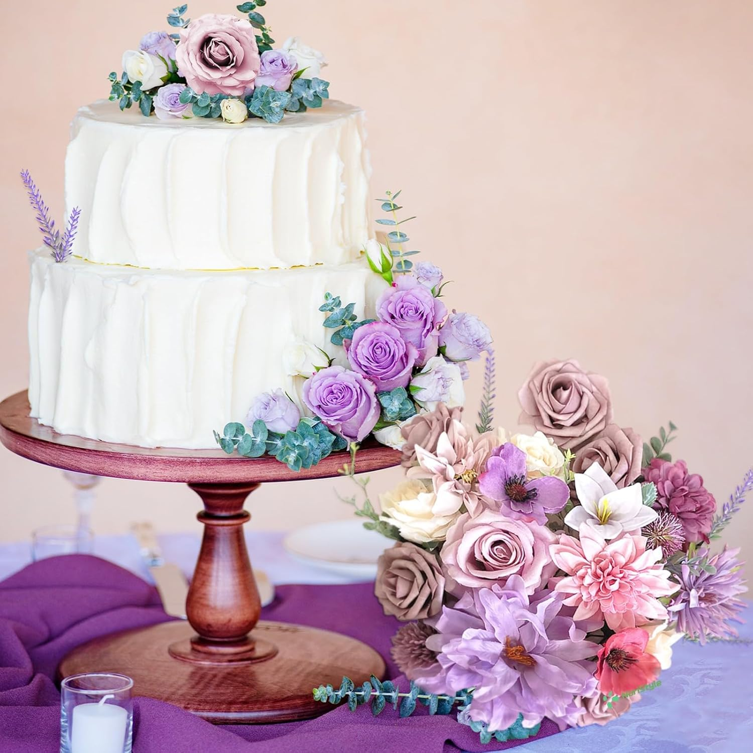 Artificial Silk Purple Champagne Rose Flowers Box for Wedding Decorations, Real Touch Peony and Fake Rose Bouquets with Stems for Wedding Cake Topper Party Bridal Bouquets Indoor Outdoor Decorations image number 4