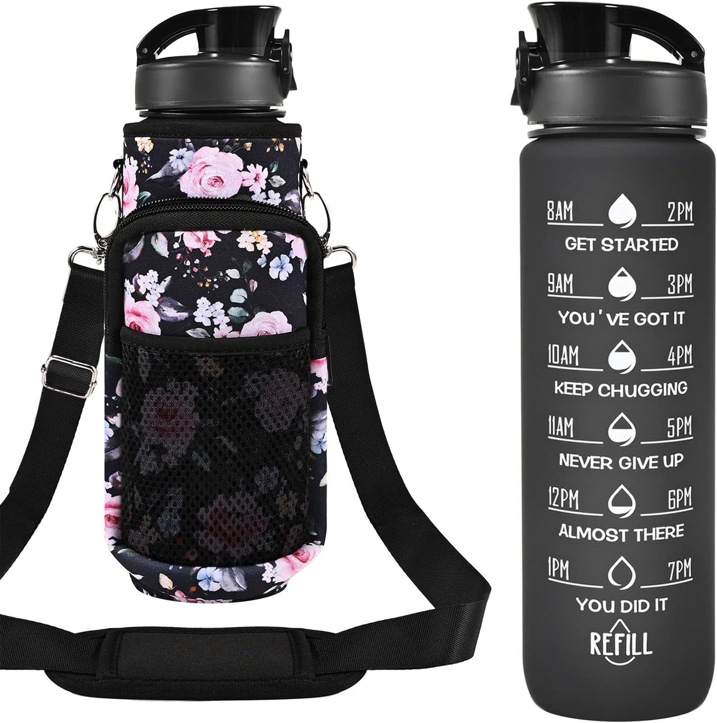 32 Oz Water Bottles with Straw & Strap, Motivational Water Bottles with Times to Drink, BPA Free Reusable Sports Water Bottle with Sleeve Carrier for Gym, Workout or Fitness (Pink Peach)