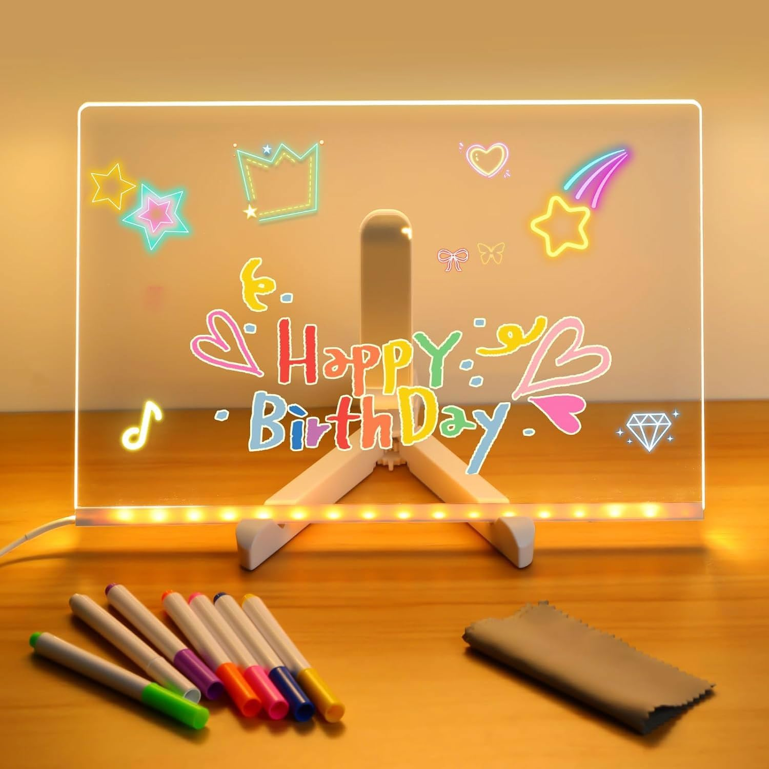LED Note Board with Colors, Letter Dry Erase Board with 7 Pens, 5.9 X 5.9Inch Acrylic Dry Erase Board with Adjustable Stand Desktop for Office School Home