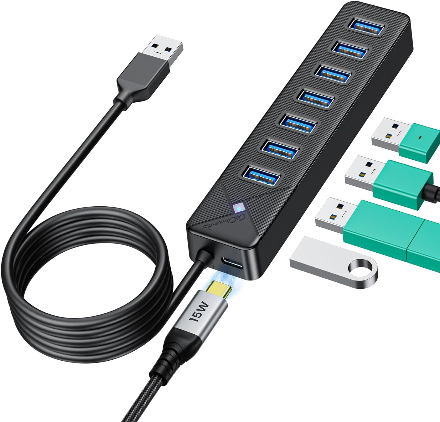 Gigimundo PG7U USB Hub 3.0, 7-Port USB Distributor, 50 Cm Cable with 5V/3A Power Input, Multiple USB Connector for PC Laptop, Older Macbook, PS4, PS5, Flash Drive, Keyboard, Mouse, GGM-PG7U-U3-50