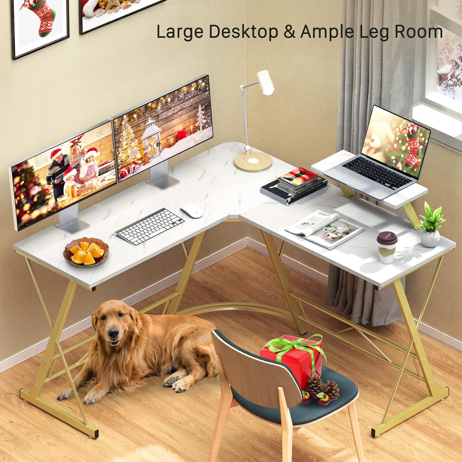 Mr Ironstone L Shaped Desk Computer Corner Desk, Home Gaming Desk, Office Writing Workstation with Large Monitor Stand, Easy to Assemble (White,51 Inch) - Marble White image number 3