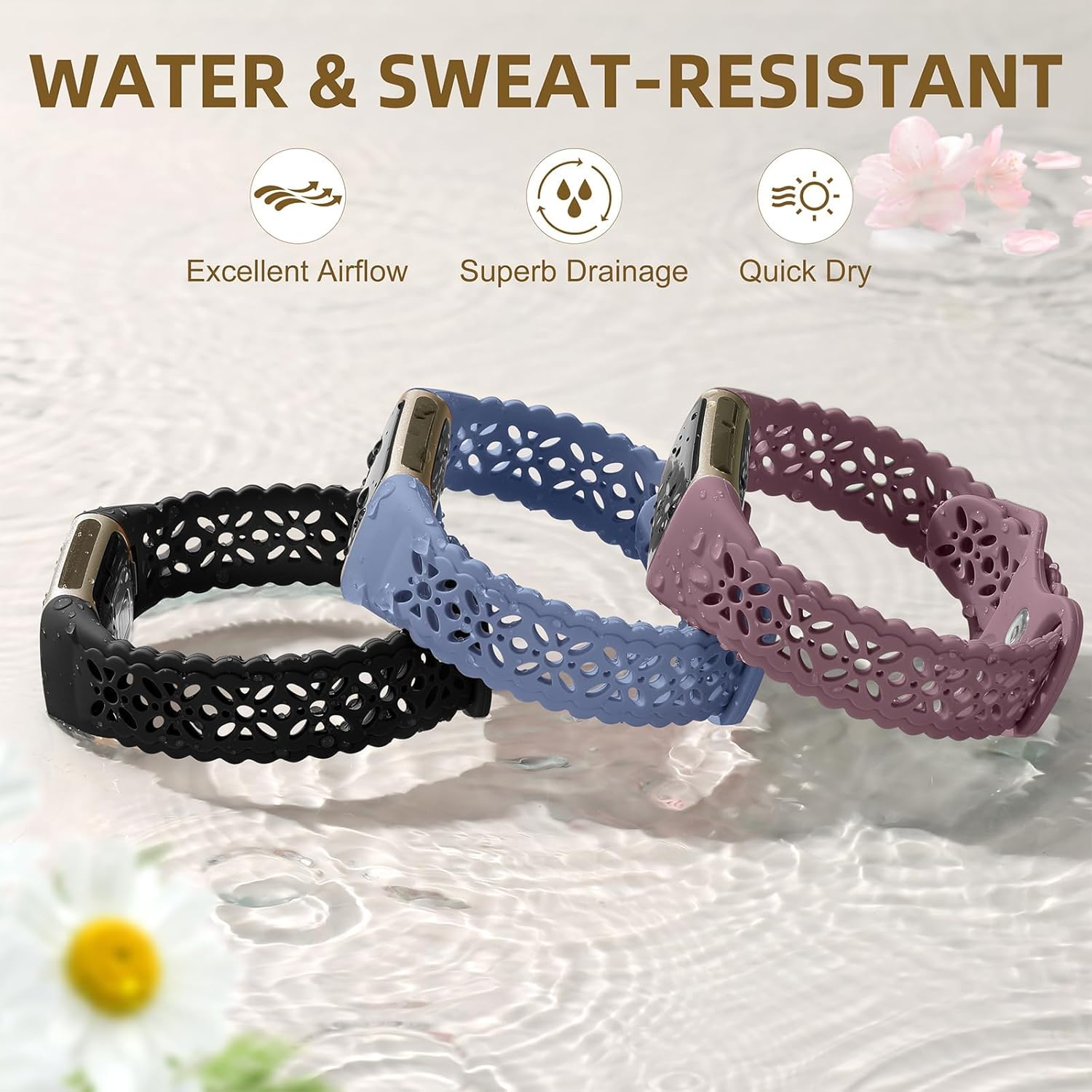 Maledan Floral Lace Bands Compatible for Fitbit Charge 6 Band and Fitbit Charge 5 Band Women, Cute Soft Lilac Flower Pattern Hollow-Out Sport Watch Strap for Fitbit Charge 5/ Charge 6 Fitness Tracker - Black/ Blue Gray/ Smoke Violet image number 2