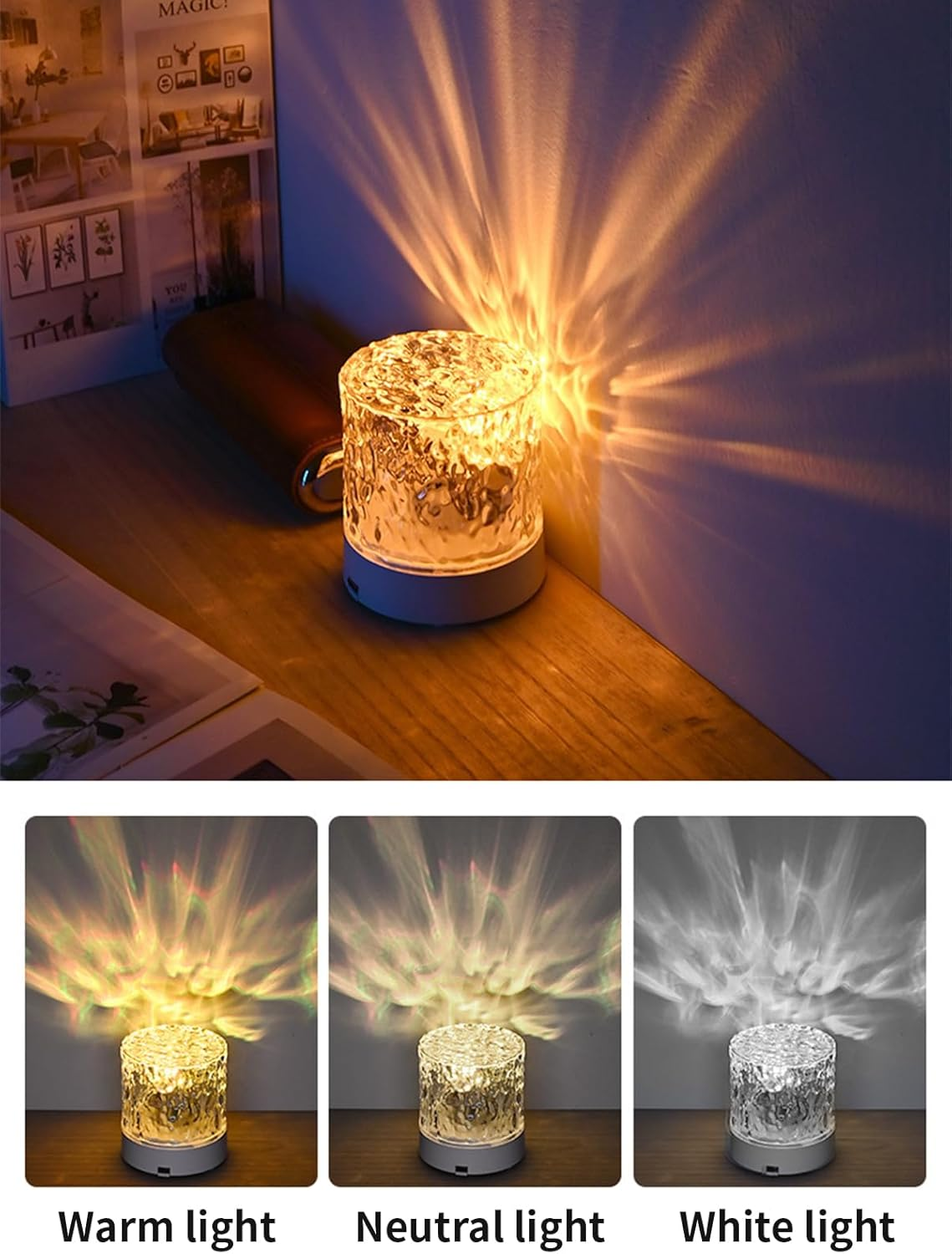 Water Ripple Lamp, Crystal Ocean Wave Lamp, 16 Colors Northern Lights Water Ripple Lamps, Projection USB Rechargeable Bedside Lamps, for Bedroom Living Room Wall Decoration Kids Room (Charging Type) - 3*Charging Type image number 6