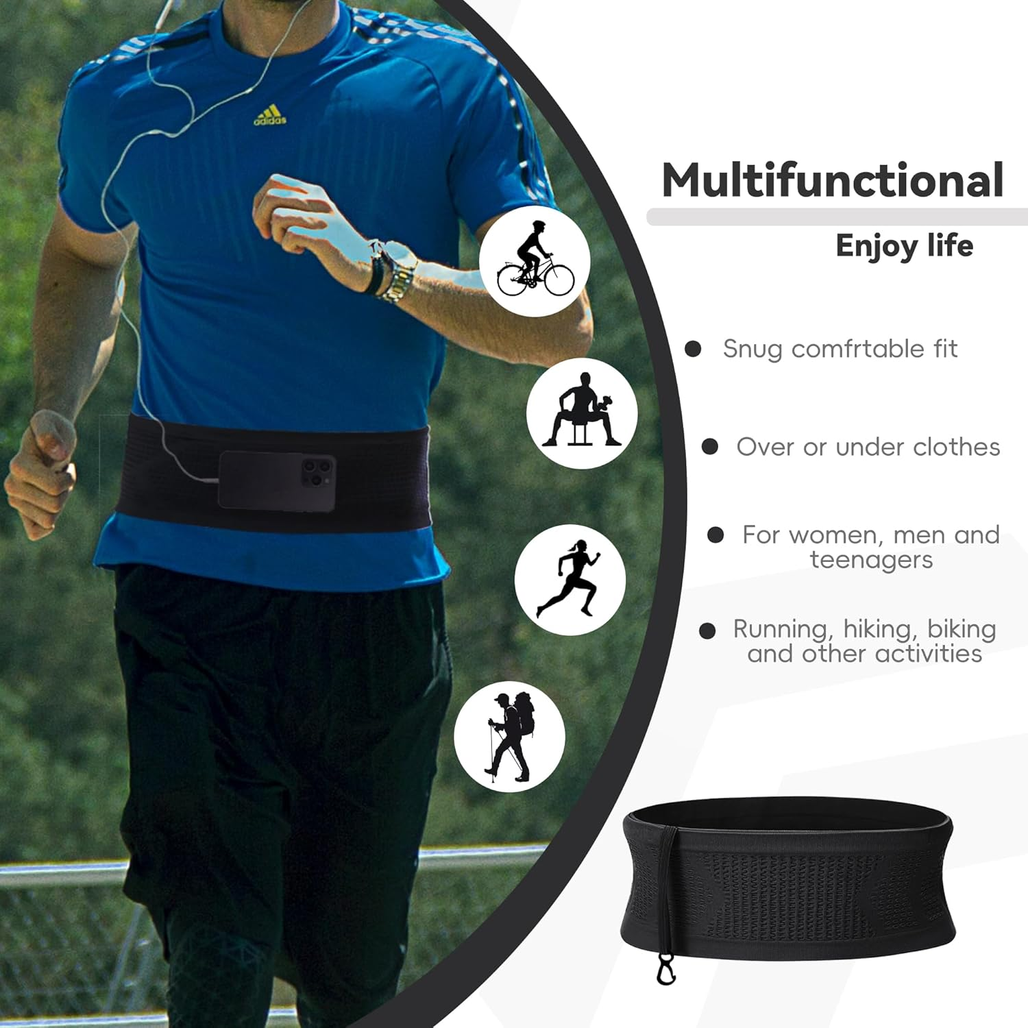 Running Belt, Slim Fanny Pack and Moisture Wicking Wasit Bag for Women and Men, P1-Black, Medium, Belt Fanny Bag image number 5