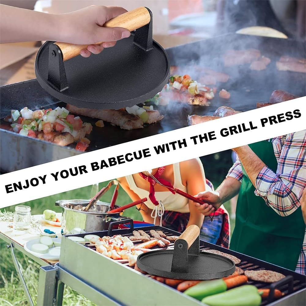 6.9 Inch Smashed Burger Press, 1.1KG Cast Iron Grill Press with Pan Clamp, Burger Smasher Griddle Heat Resistant Wooden Handle, Meat Press Griddle Press for Flat Top Grill Cooking Bacon Steak image number 1