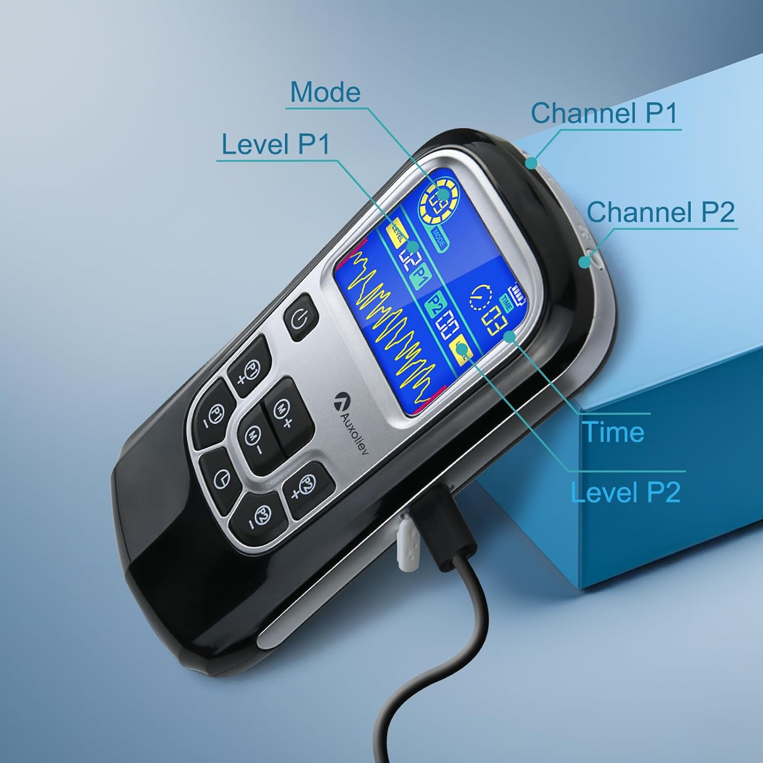 Auxoliev Rechargeable TENS Machine,Ems Muscle Stimulator for Natural Pain Relief with 25 Modes,Tga Cleared Tens Unit with Replacement Pads (Black)