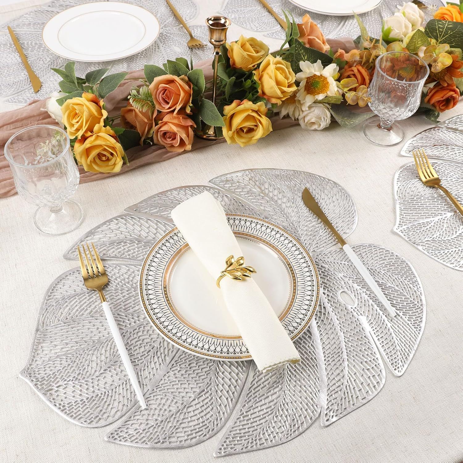 Evevda Silver Leaf Shaped Vinyl Placemats Set of 4 Metallic Plastic Place Mats Wipeable 4Pcs Table Mats for Wedding Anniversary Dinner Table Decoration Mats(17.7X13.8Inch/45X35Cm) image number 4