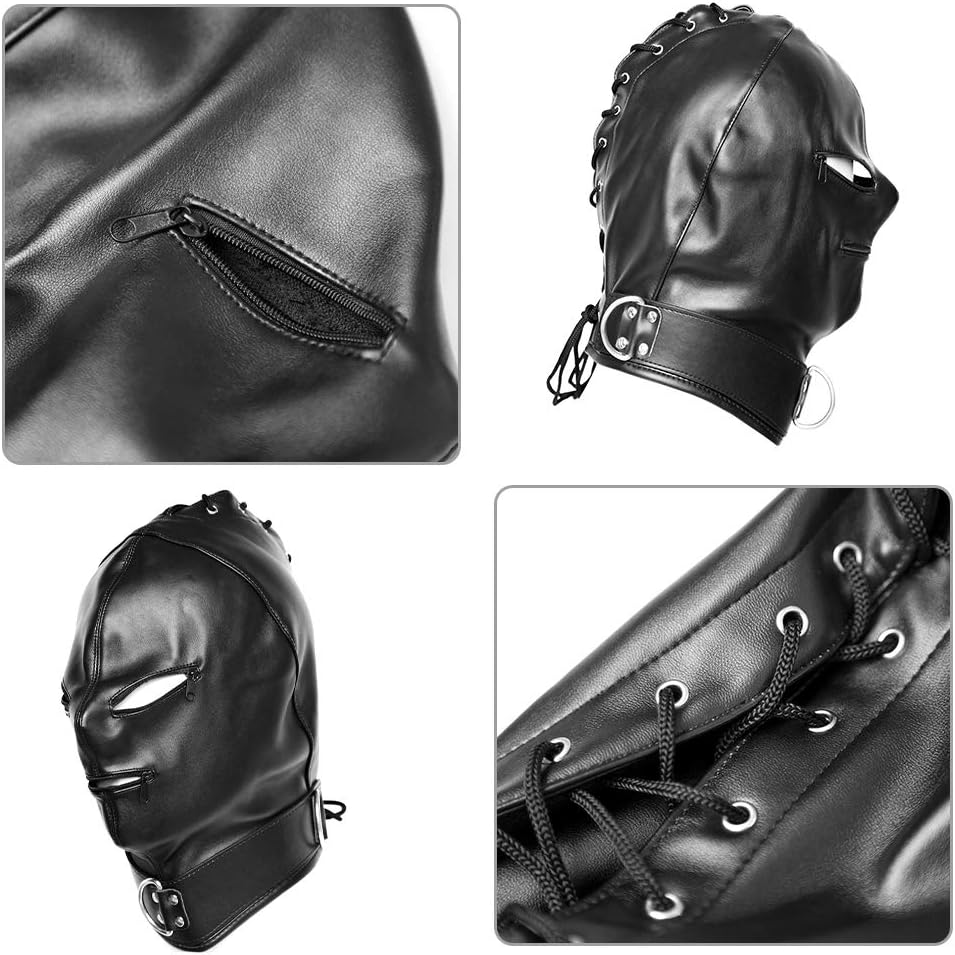 Romi Leather Bondage Mask Black Restraint Head Hood Sex SM Toys Adjustable Headgear with Zipper Unisex Adults Couples image number 2