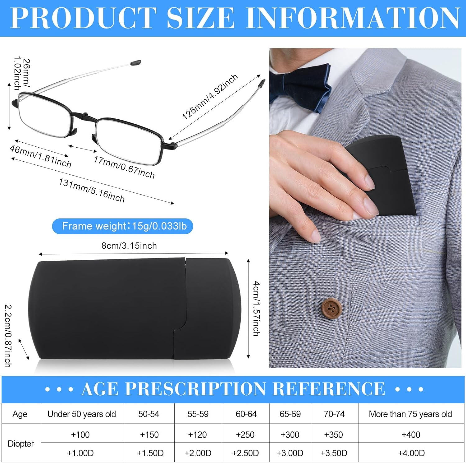 Coume 6 Pack Foldable Reading Glasses with Magnetic Glasses Case Spring Hinge Readers Blue Light Blocking for Men Women image number 6