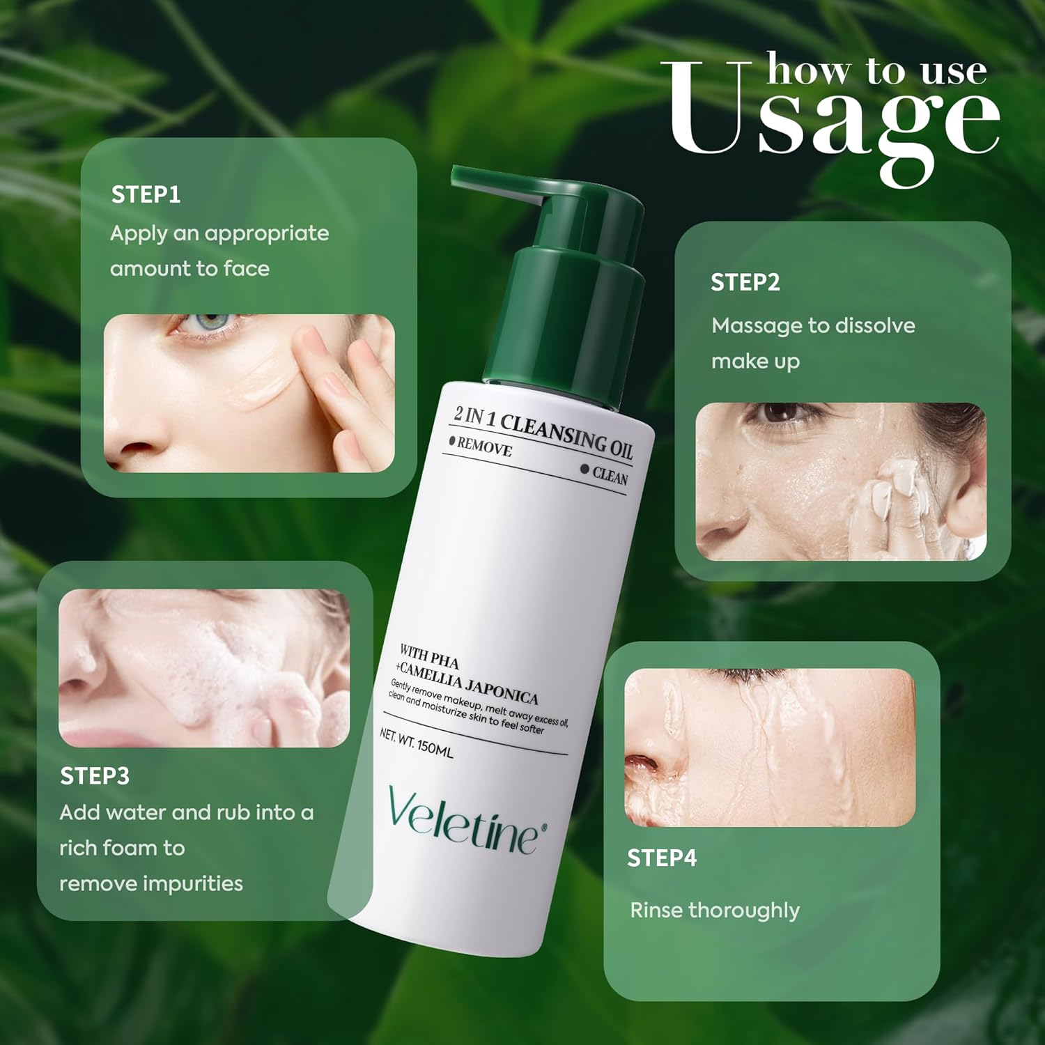 Veletine 2 in 1 Face Make up Cleasing Oil,Gently Remove Makeup,Melt Away Excess Oil,Clean and Moisturize Skin to Feel Softer,With Camellia Japonica,Suitable for All Skin Types.150Ml image number 2