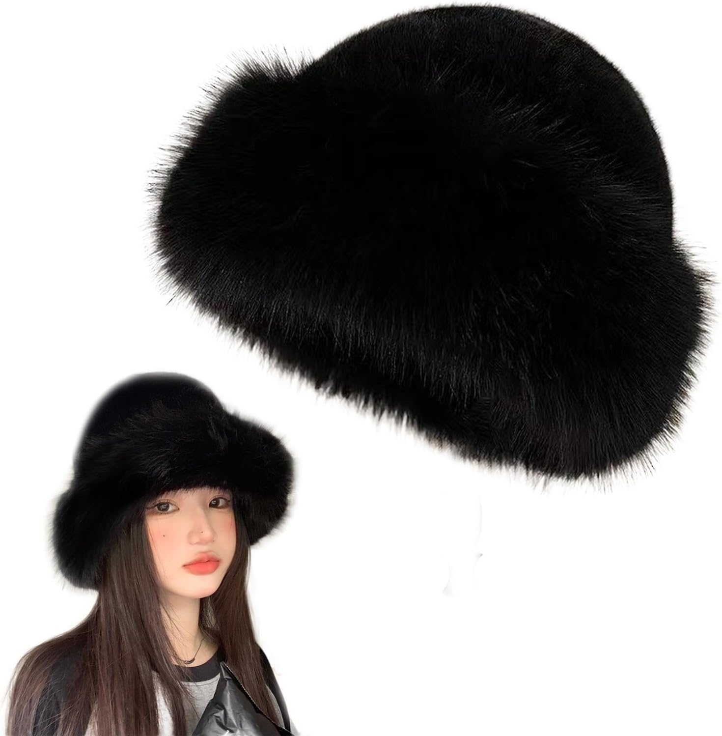 Lopsity Women'S Faux Fur Winter Bucket Hat Fluffy Warm Hat for Men Fuzzy Bucket Hat Winter Wrap Hat