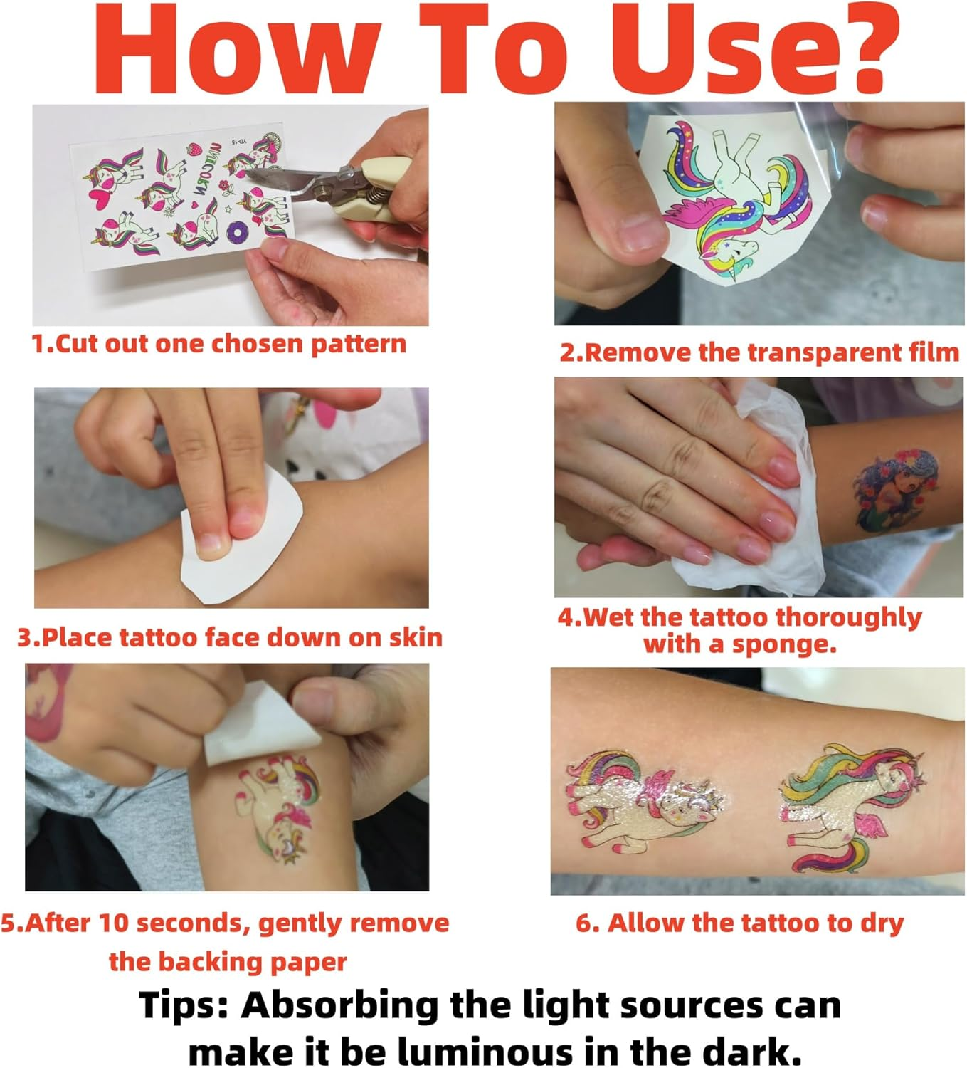 10 Sheets Children'S Tattoos Girls, Fairy Unicorn Tattoos Girls Children'S Birthday Party Favours Gift Girls 3 4 5 6 7 8 9 10 Years Toy Girls Luminous Tattoos Children Butterfly Decoration Birthday - Colour-E image number 3